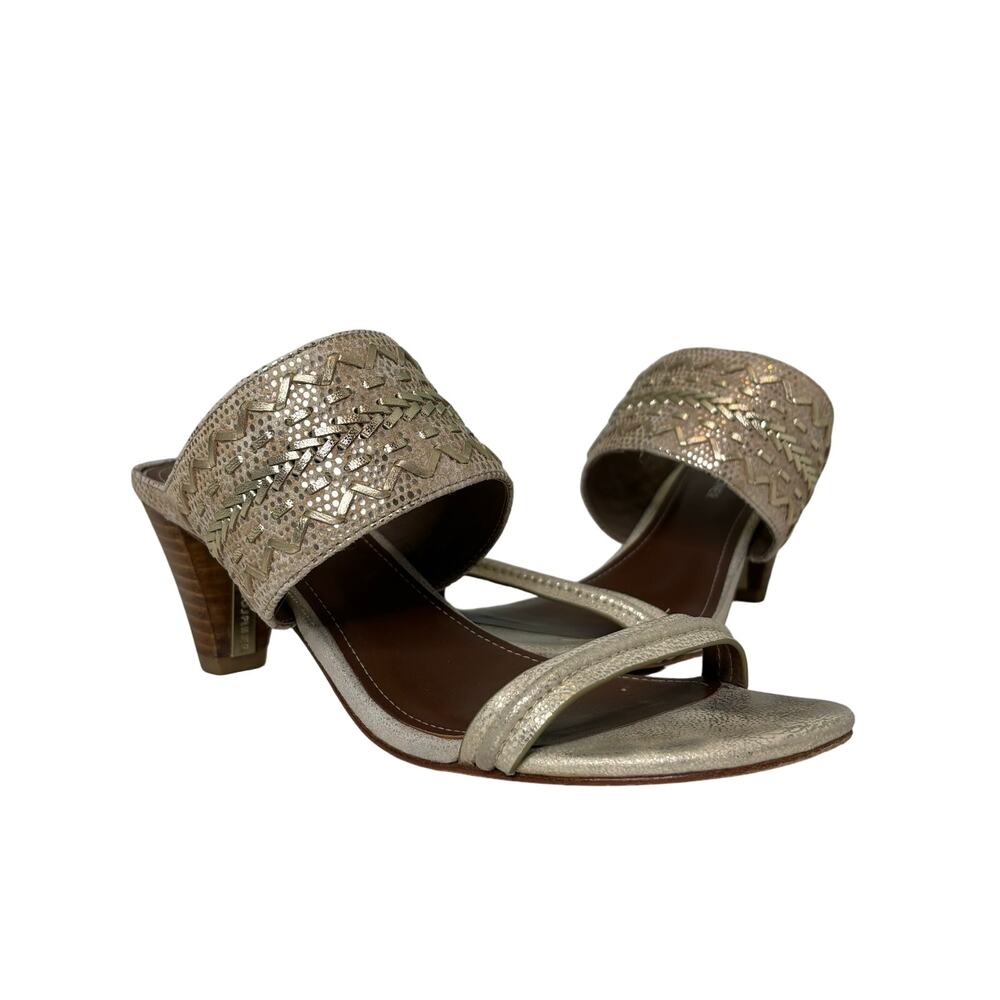 Donald J Pilner Viv Champagne Gold Leather Woven Heeled Sandal 7.5